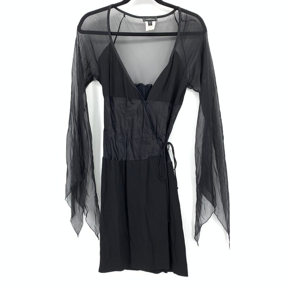 Vintage 1990s Bebe Kimono Wrap Dress Womens Sz L Sheer Sleeves Black Witchcore